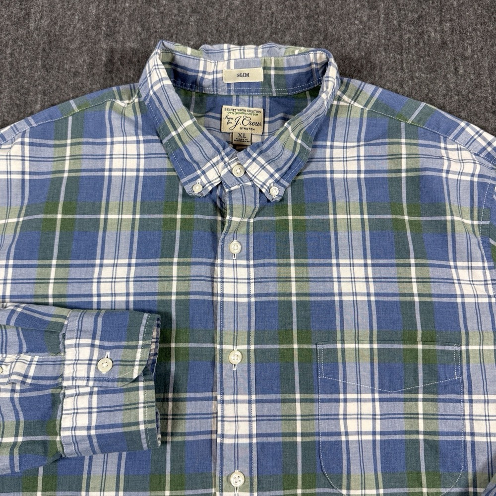 J.Crew Mens XL Slim Fit Secret Wash Shirt Blue Green Plaid Organic Cotton